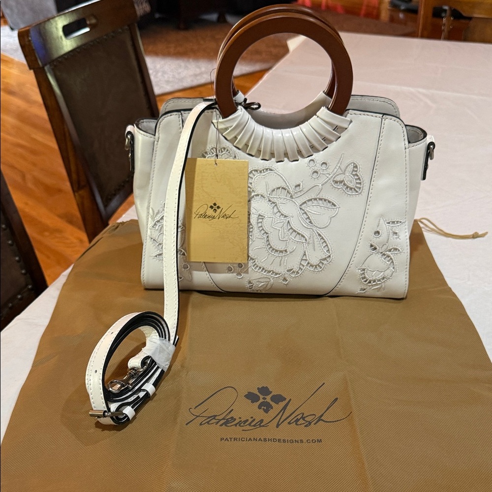 Patricia Nash Cream Floral Embroidered Leather Satchel with Wooden Round Handles